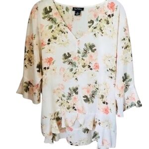 Nue Options Off White Floral Ruffle Top Size XL